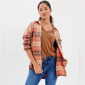 American Eagle Orange Plaid Oversized Flannel Shirt - Size Small